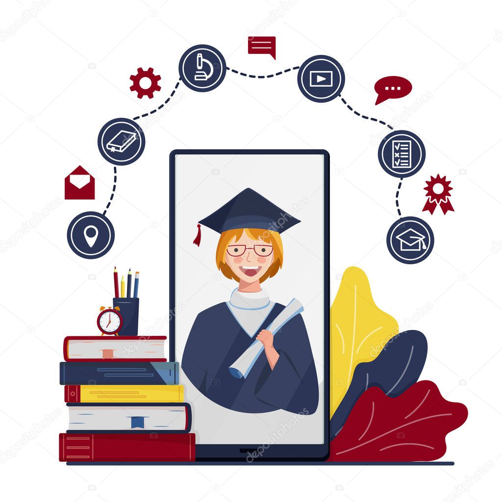 Online education concept with character on smartphone. Online school, courses, training, e-learning. Happy graduate student in academic dress, graduation caps with books. Vector isolated illustration.