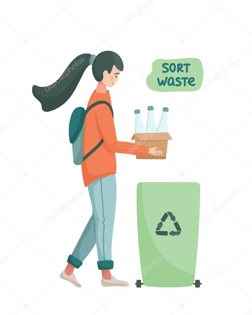 Eco vector illustration. Zero waste lifestyle. Young woman with plastic water bottles sort waste. Eco-friendly character. Save the planet. No plastic. Go Green. Flat isolated design.