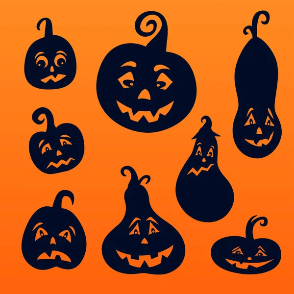 Set Van Halloween Pompoenen Silhouet Zwarte Pompoenen Met Een Glimlach — Stockvector