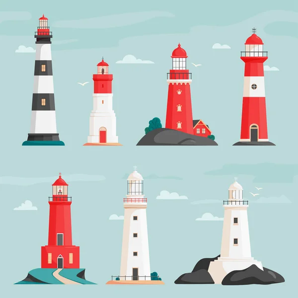 平らなスタイルで島のベクトル灯台のセット ビーコンと海岸線の風景 海岸のファロス 嵐の風景の中の岩の灯台 希望のシンボル 孤独の概念 — ストックベクタ