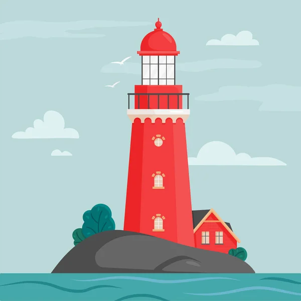 Leuchtturm Auf Insel Flachen Stil Küstenlandschaft Mit Leuchtfeuer Faros Meer — Stockvektor