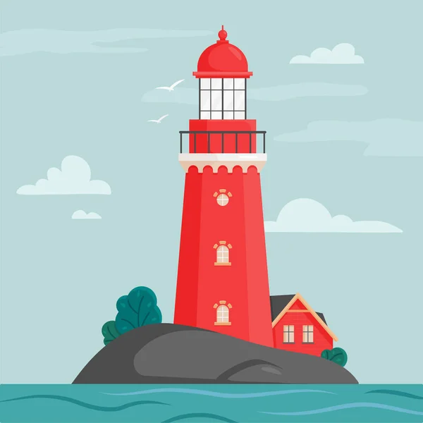 Faro Isla Estilo Plano Paisaje Costero Con Faro Faros Orilla — Vector de stock