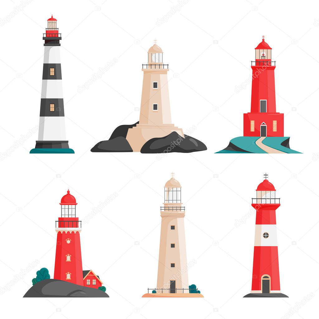 Set of isolated vector lighthouses on islands in flat style. Coastline landscape with beacon. Faros on seashore, lighthouse on the rock. Hope symbol, expectation, solitude or goal concept.