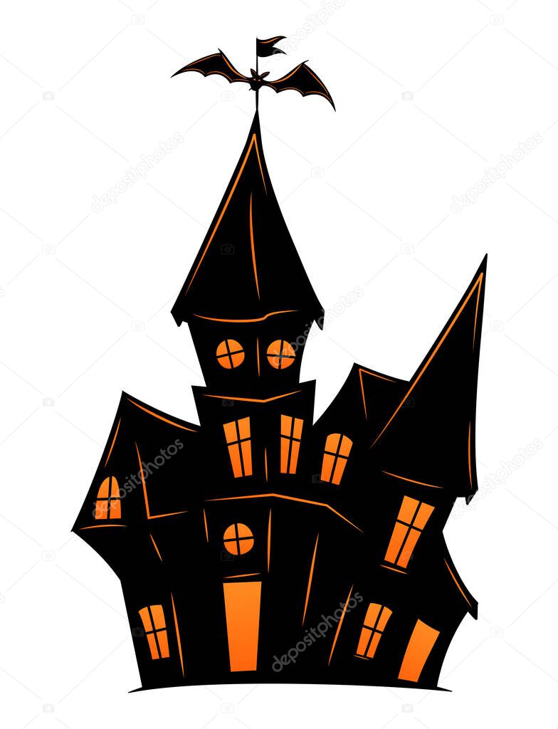 Haunted old house for Halloween. Vector silhouette of scary old house. Mystical spooky house with bat. Black halloween castle. For flyer or invitation template for Halloween party.