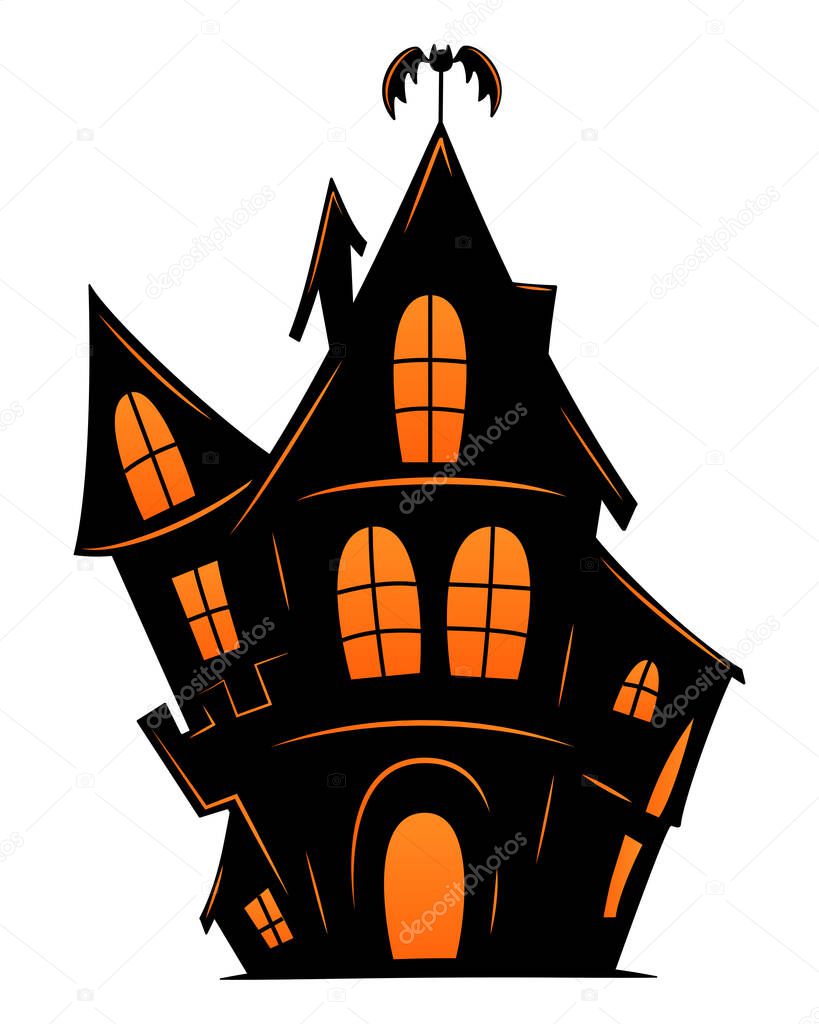 Haunted old house for Halloween. Vector silhouette of scary old house. Mystical spooky house with bat. Black halloween castle. For flyer or invitation template for Halloween party.