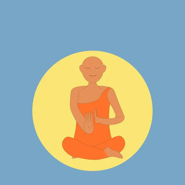 A young buddha monk meditating happily in peace with a yellow circle and blue background