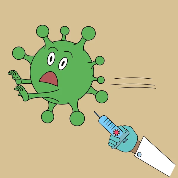 illustration of a virus running scared of a vaccine