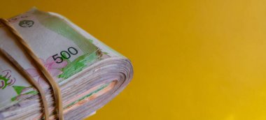 Arjantin banknotlarının yakın plan çekimi ya da Arjantin parası, iyi odaklanmış ve yatay olarak kesilmiş.