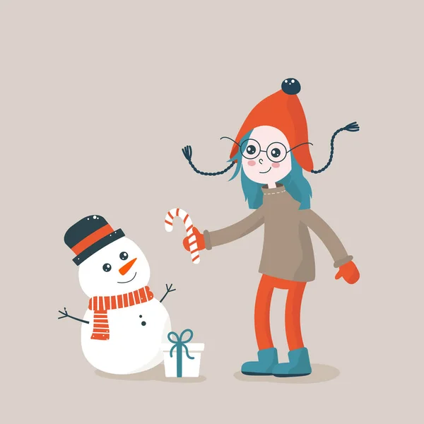 Chica y muñeco de nieve — Archivo Imágenes Vectoriales