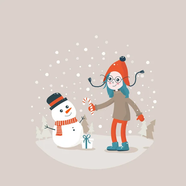 Girl and snowman — Stock Vector