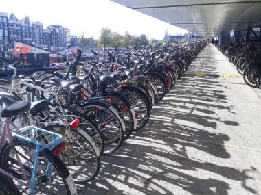 Bisikletler ve bisikletler Amsterdam, Hollanda ve Avrupa 'daki bisiklet parkına park edilmiş.