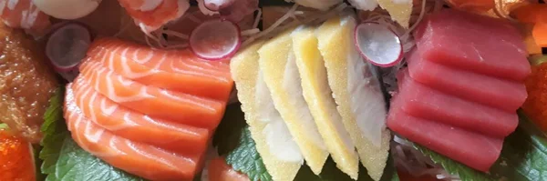 Sushi Sashimi Lazac Rizs Japán Ételek — Stock Fotó