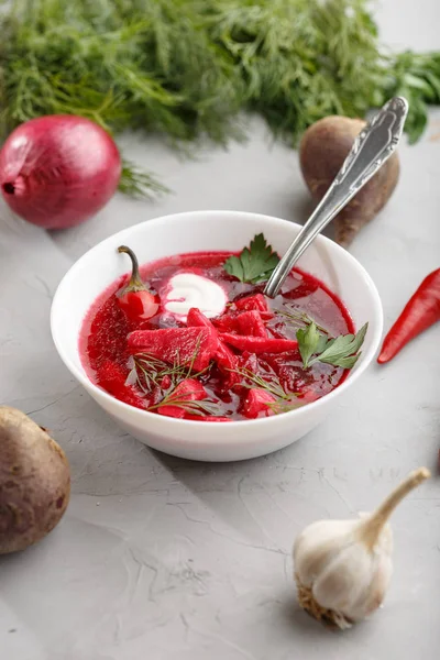 Traditional Ukrainian Russian Borscht Bowl Vegetables — Stock Photo, Image