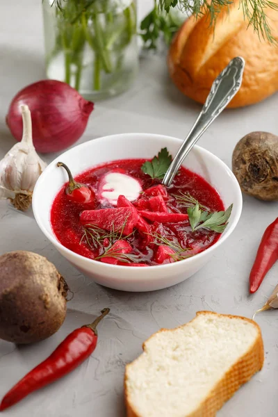 Tradizionale Ucraino Borscht Russo Sulla Ciotola Con Verdure — Foto Stock