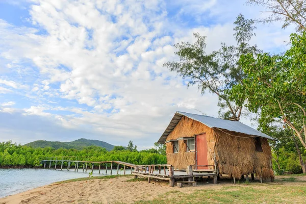 Nádfedeles parasztház és régi híd mangrove erdőben Stock Kép