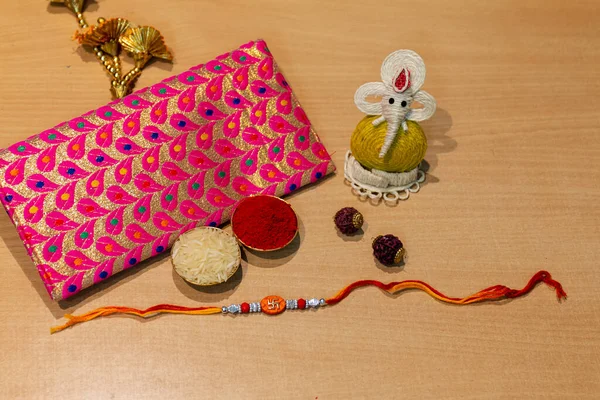 Indian Festival Raksha Bandhan Background Elegant Colorful Rakhi Gift Rice — Stock Photo, Image