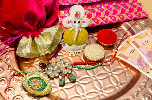 Indian Festival Raksha Bandhan Background Elegant Colorful Rakhi Gift Rice — Stock Photo, Image