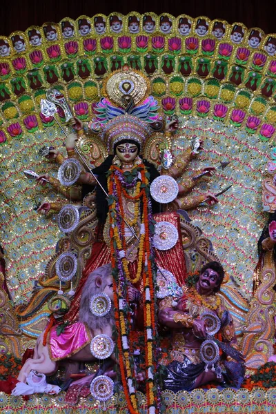 Goddess Durga Idol Decorated Durga Puja Pandal Shot Colored Light — Stock Photo, Image