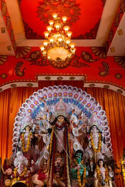 Deusa Durga Ídolo Decorado Durga Puja Pandal Filmado Luz Colorida — Fotografia de Stock