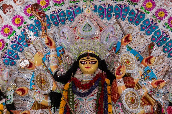 Bogini Durga Immunitet Udekorowanym Durga Puja Pandal Zastrzelony Kolorowe Światło — Zdjęcie stockowe