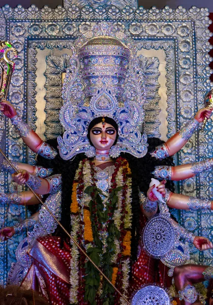 Godin Durga Idool Versierde Durga Puja Pandal Schot Gekleurd Licht — Stockfoto