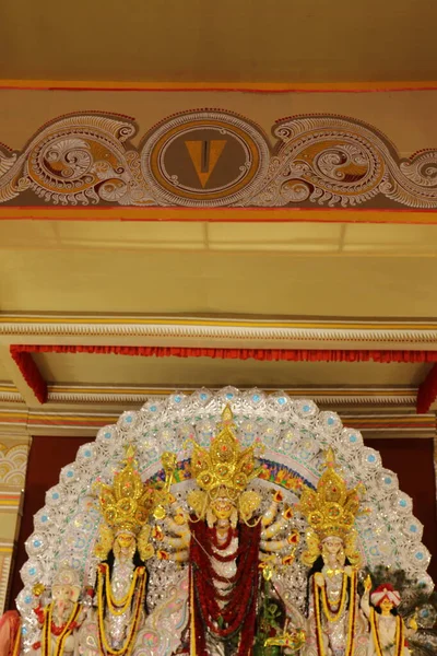 Dea Durga Idolo Decorato Durga Puja Pandal Girato Luce Colorata — Foto Stock