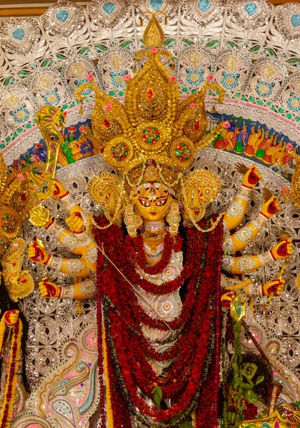 Goddess Durga Idol Decorated Durga Puja Pandal Shot Colored Light — Stock Photo, Image