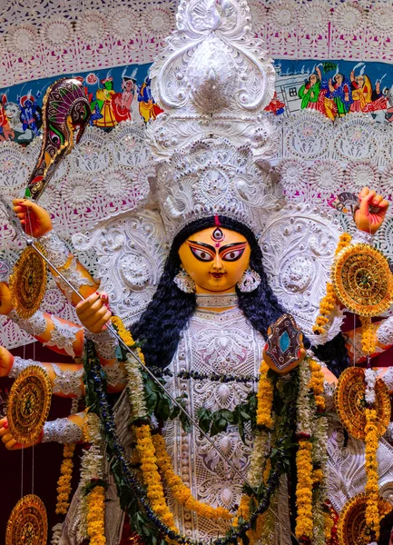 Gudinne Durga Idol Dekorert Durga Puja Pandal Skutt Mot Farget – stockfoto