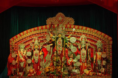 Subho mahalaya, An handmade idol of Goddess Durga decorated in colorful Pandal. Durga Puja is biggest religious festival of Hinduism and for bengalis and is now celebrated worldwide.