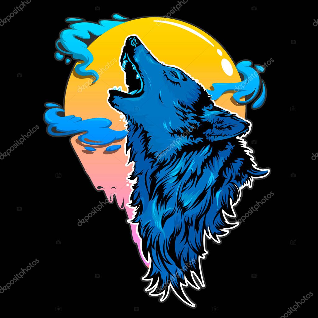 Silhouette of wolf on black background, howling at the full moon. Vector illustration