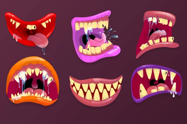 Bouche effrayante avec des dents acérées et une longue langue. — Image vectorielle