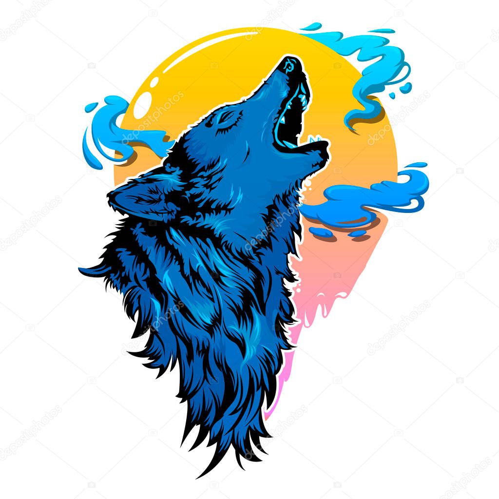 Silhouette of wolf on white background, howling at the full moon. Vector illustration