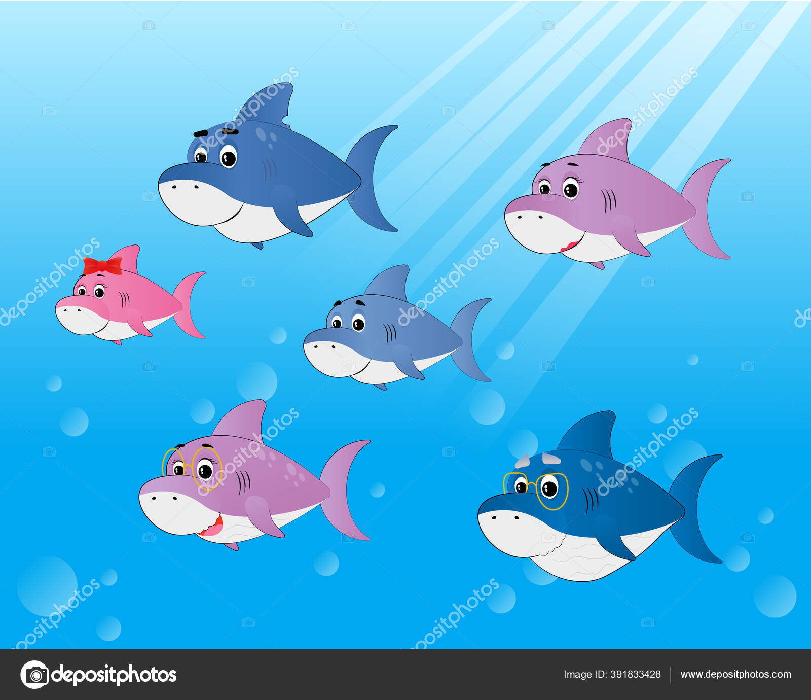 Set Of Family Shark Of Colorful Cartoon Fish Character Stock.