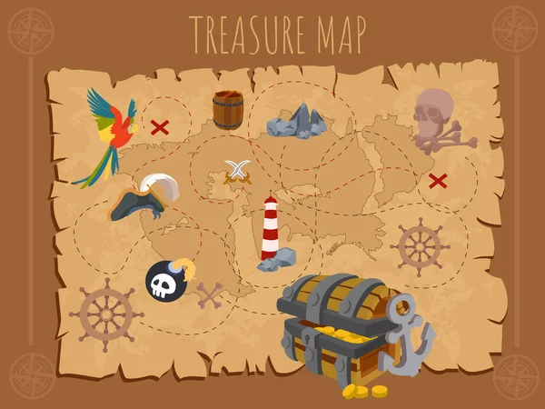 Vecchia mappa dei pirati su carta antica — Vettoriale Stock