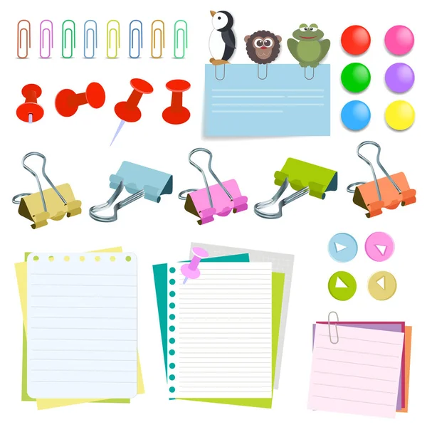 Note paper with pins and clips different color — Stock Vector