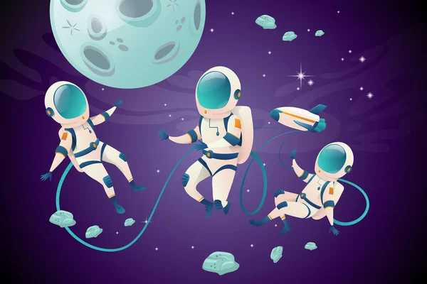 オープンスペースでの漫画の宇宙飛行士の文字のセット — ストックベクタ