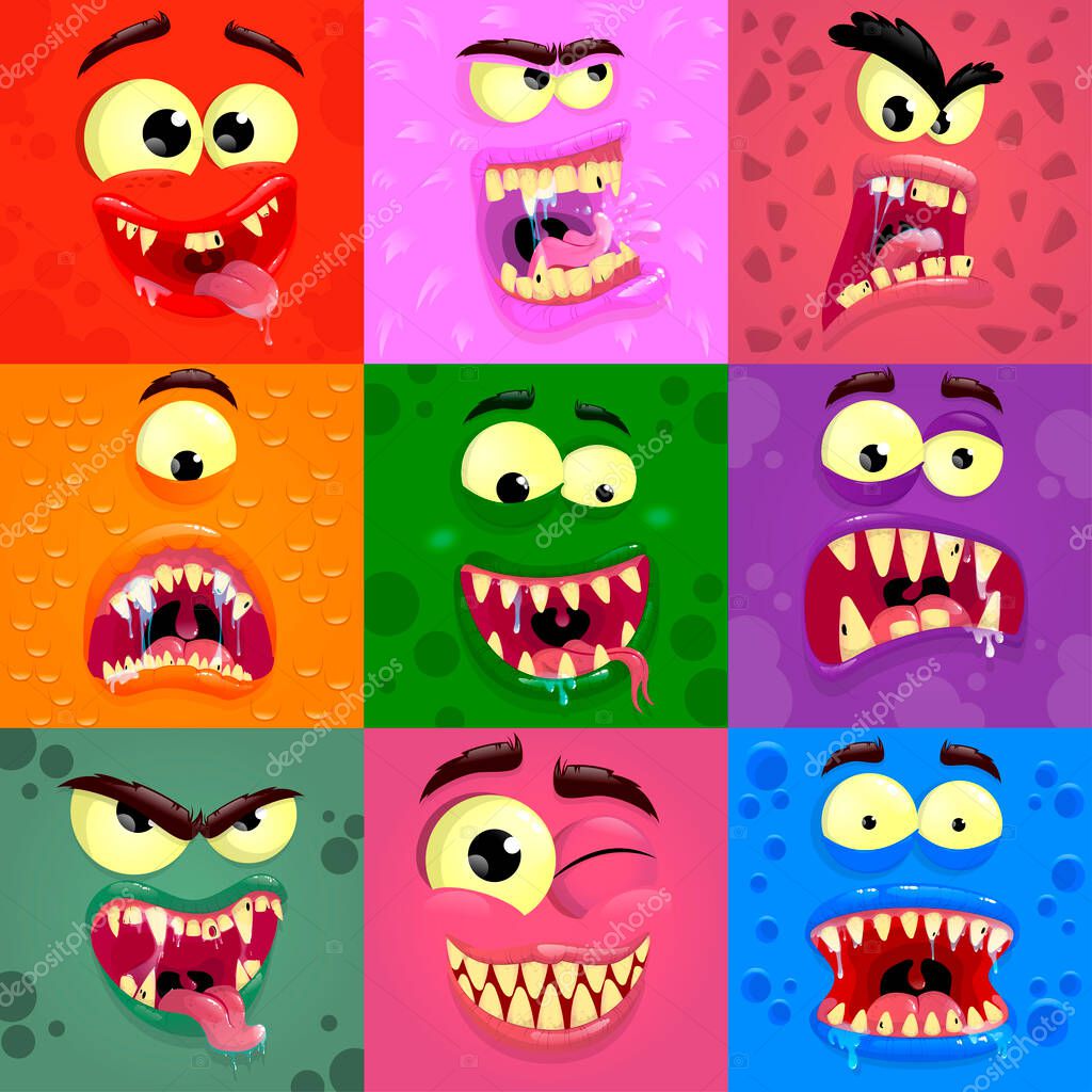 Cartoon monster faces set. Colorful square funny monsters face with different emotions. Vector illustration