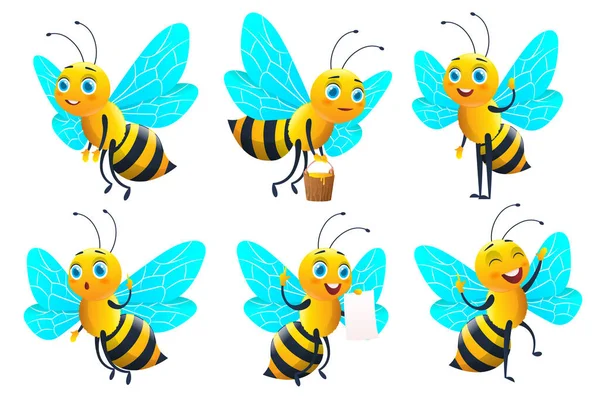 Conjunto de personagens de abelha dos desenhos animados e abelha com mel —  Vetores de Stock