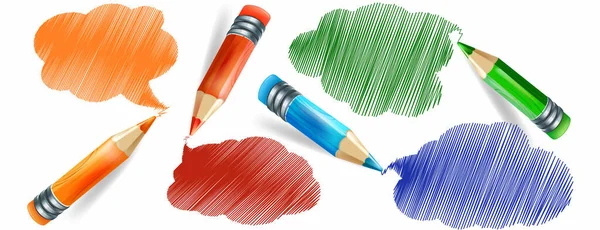 Conjunto de lápis coloridos realistas e desenho à mão — Vetor de Stock