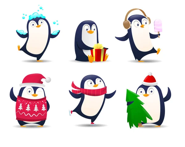 Kolekce karikaturního tučňáka. Vánoční tučňáci — Stockový vektor