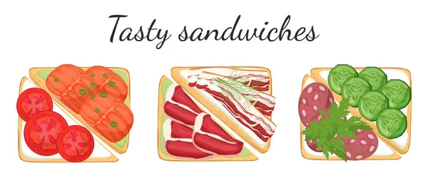 Drei Sandwiches mit leckeren Füllungen von oben — Stockvektor