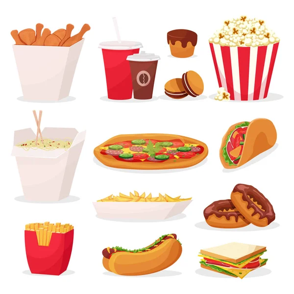 Conjunto de iconos de comida rápida de dibujos animados sobre fondo blanco — Archivo Imágenes Vectoriales