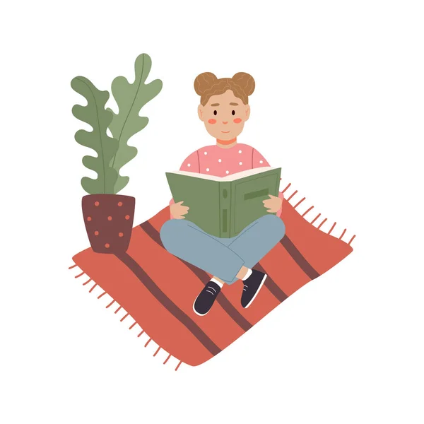 Το κορίτσι διαβάζει ένα βιβλίο στο πάτωμα. — Διανυσματικό Αρχείο