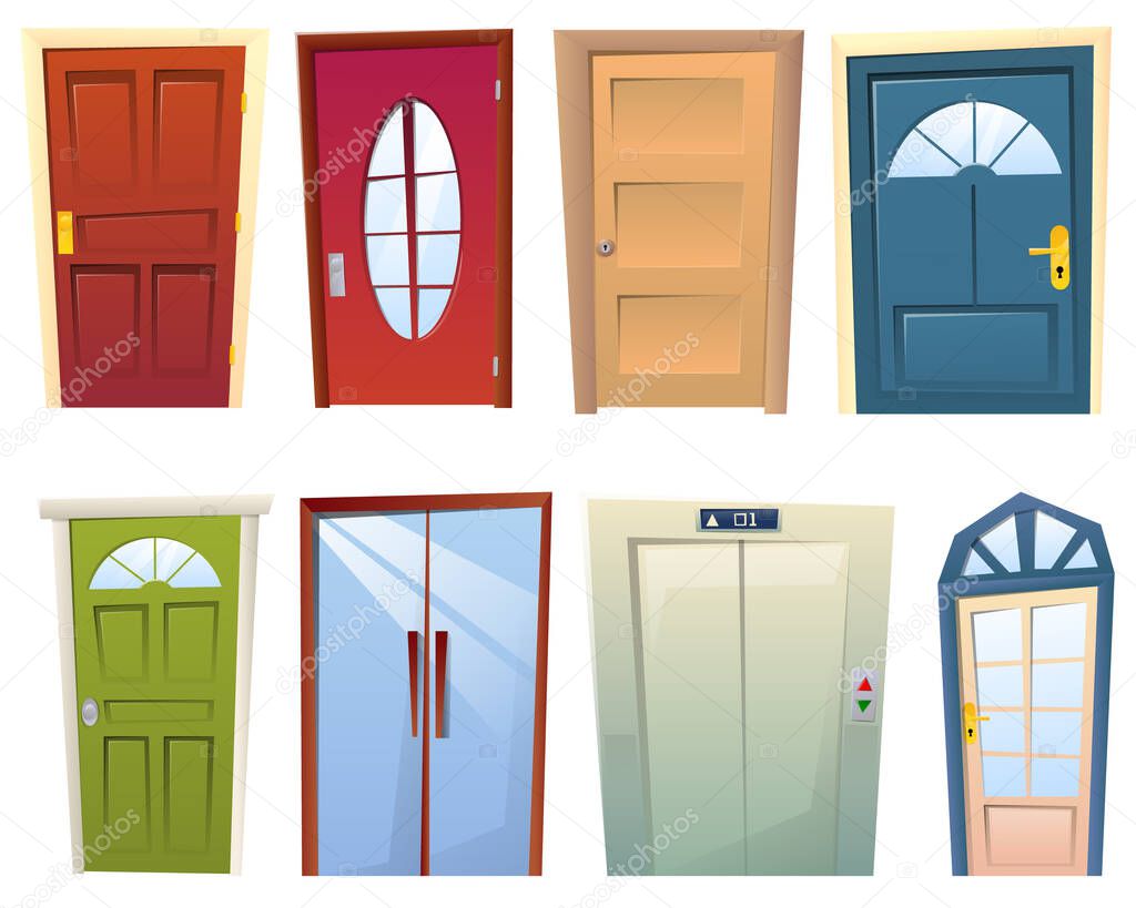 A set of many cartoon different doors