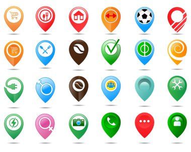 Konum noktası logosu. Pin haritası işaretçilerinin kümesi