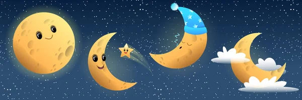 Grappige maanverzameling, glimlachen, slapen — Stockvector