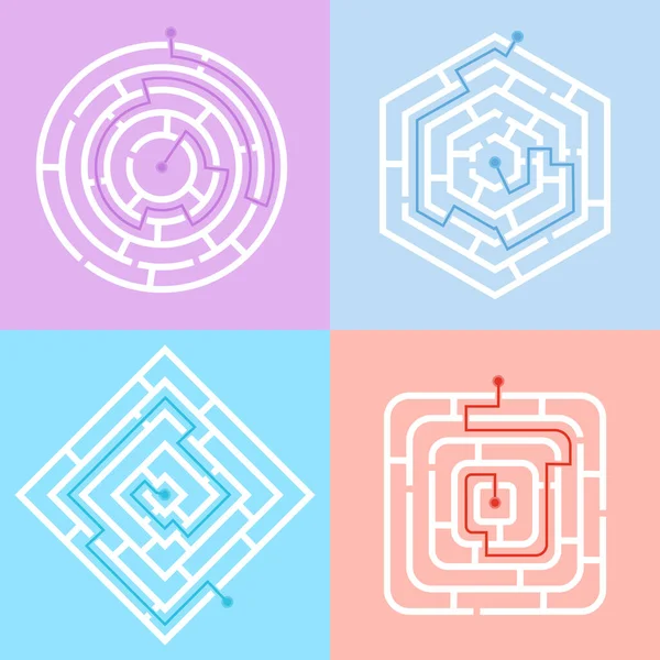 Maze játék kerek, négyzet, rombusz és hatszög — Stock Vector