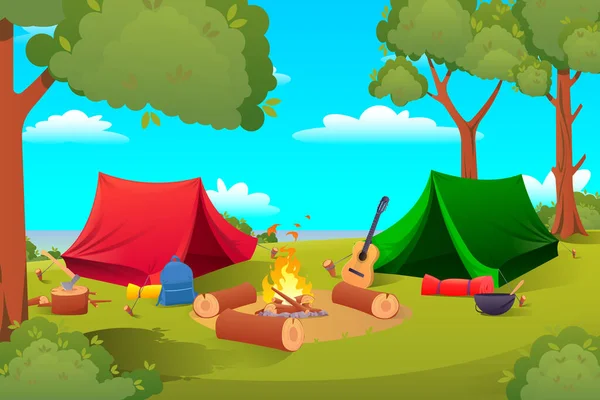 Cartoon camping, matériel de randonnée tentes, outils — Image vectorielle