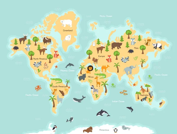 World map with wild animals and plants — Stock Vector