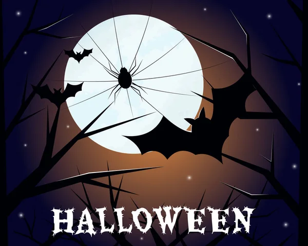 Tarjeta de Halloween araña y murciélago sobre fondo lunar — Vector de stock